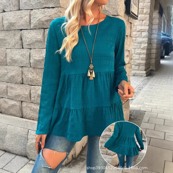 Women's Casual Tiered Tunic Top in Crinkle Look with Round Neckline Mune Fashion