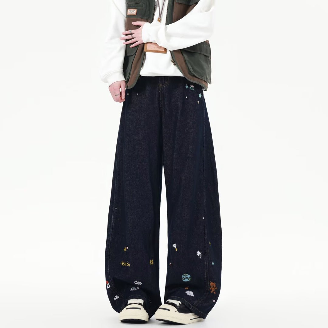 Men's Extra Wide Baggy Jeans with Playful Embroidery and Wide Leg Mune Fashion