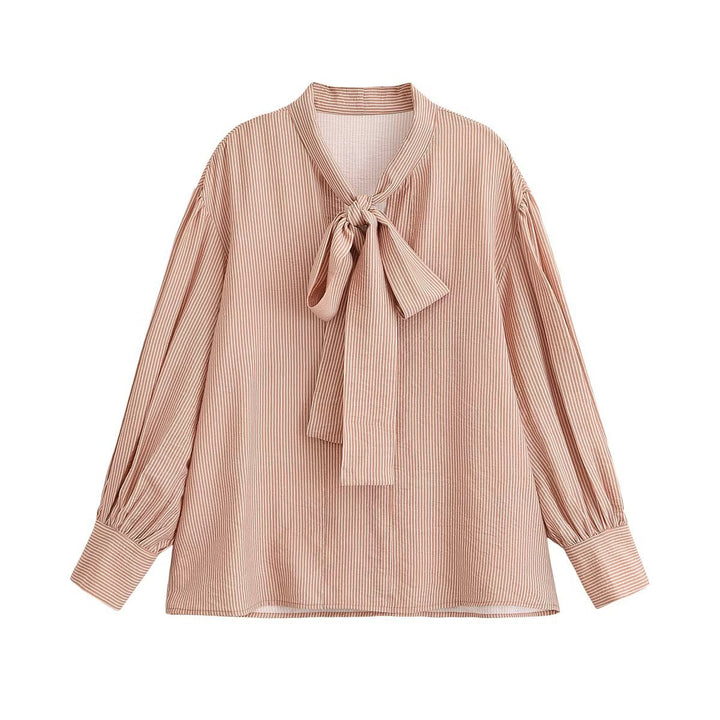 Women's Striped Pullover Blouse with Bow Collar, Balloon Sleeves and Cuffs Mune Fashion