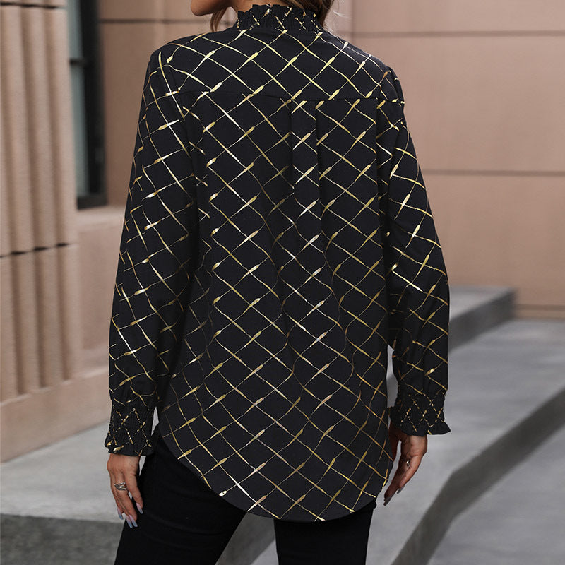 Women Elegant Blouse with Geometric Pattern and Ruffles Mune Fashion