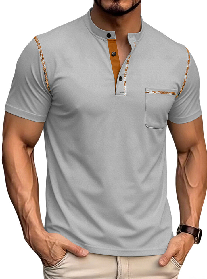 Men's short-sleeved polo shirt with stand-up collar button placket chest pocket made of elastic cotton blend Mune Fashion