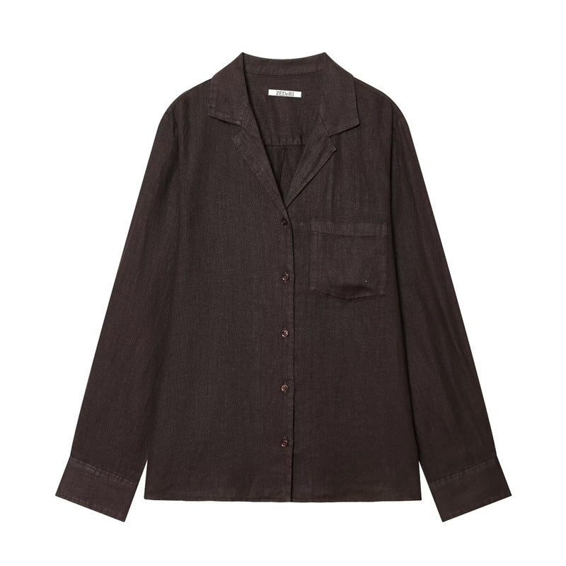 Women Loose Linen Look Shirt with Notched Collar and Chest Pocket Mune Fashion