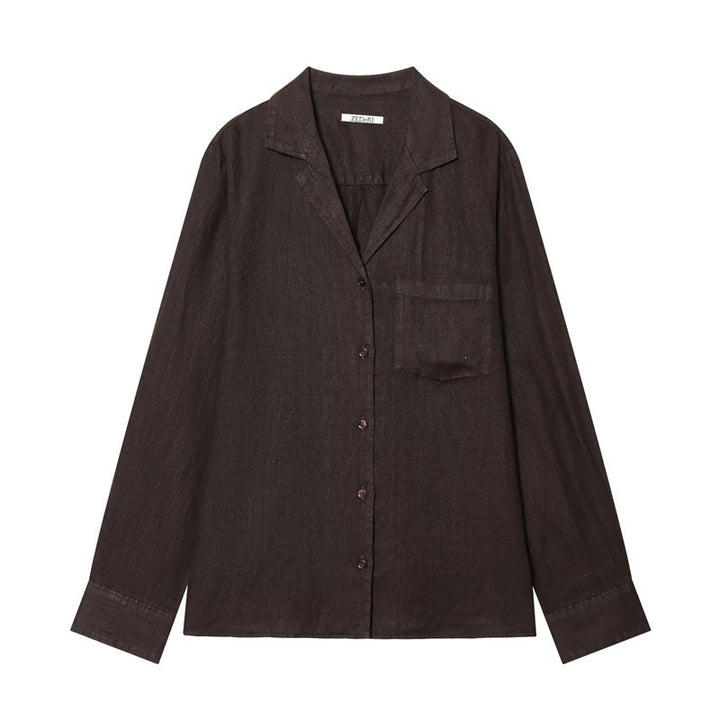 Women Loose Linen Look Shirt with Notched Collar and Chest Pocket Mune Fashion