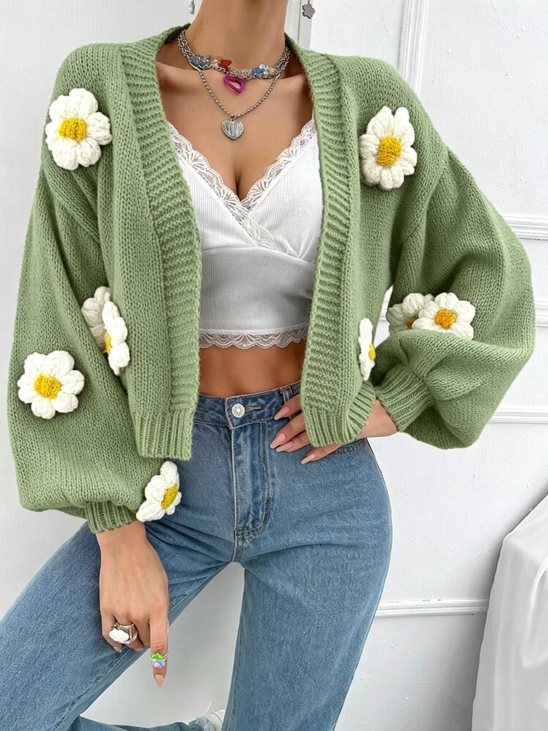 Women's Short-Cut Chunky Knit Cardigan with 3D Flower Applications Mune Fashion