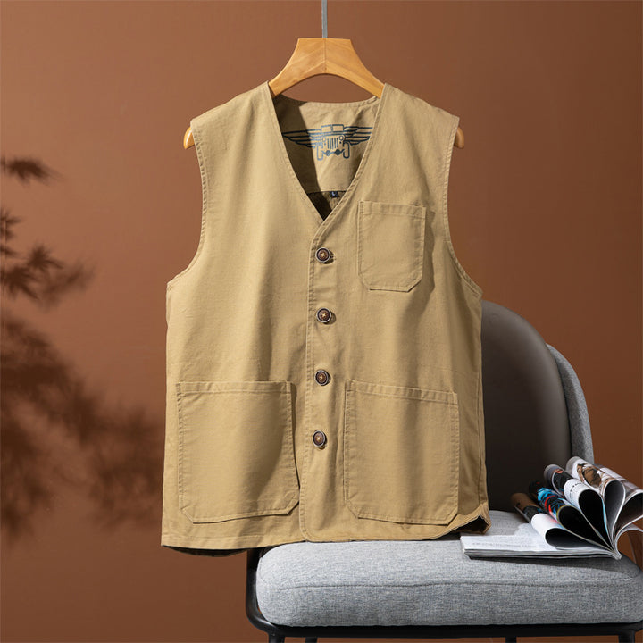 Men's Sleeveless Utility Canvas Vest with V-Neck, Button Placket, and Patch Pockets Mune Fashion