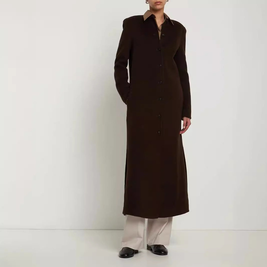 Women's Long Minimalist Stand-Up Collar Coat made of Wool Blend with Concealed Button Placket Mune Fashion