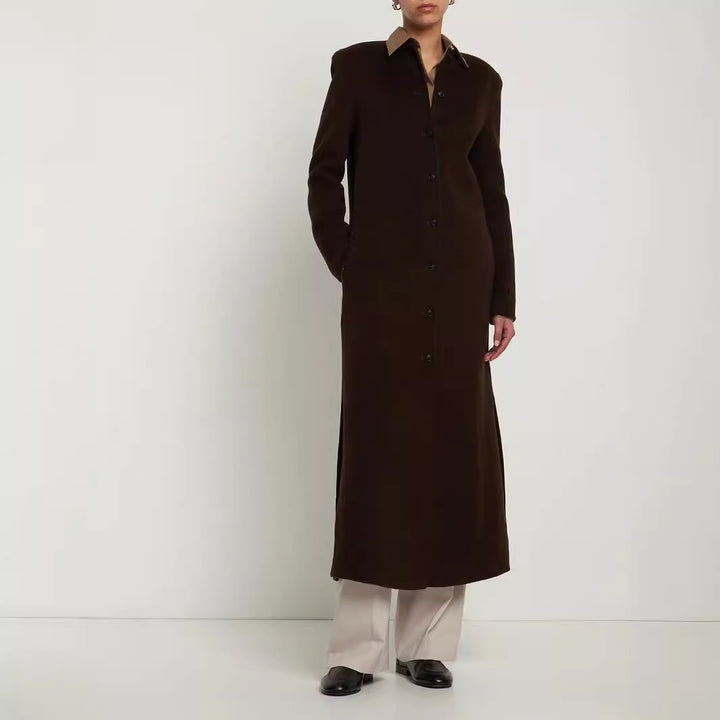 Women's Long Minimalist Stand-Up Collar Coat made of Wool Blend with Concealed Button Placket Mune Fashion