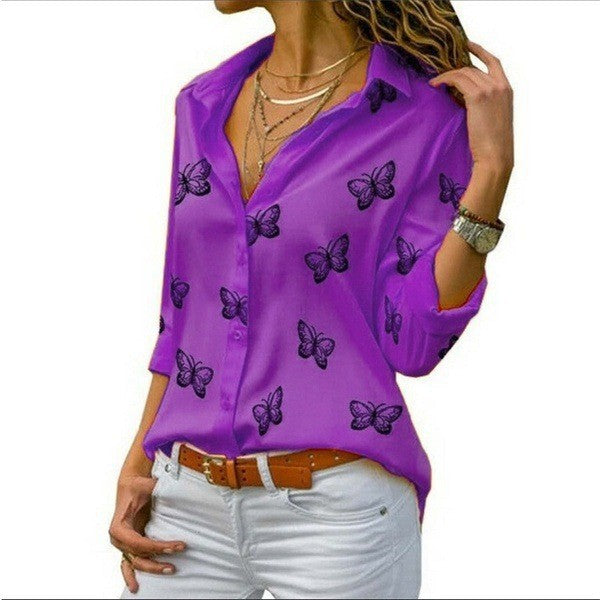 Ladies' relaxed long blouse with butterfly print and shirt collar Mune Fashion