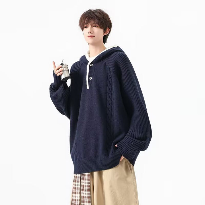 Men's chunky knit pullover with hood and button placket Mune Fashion