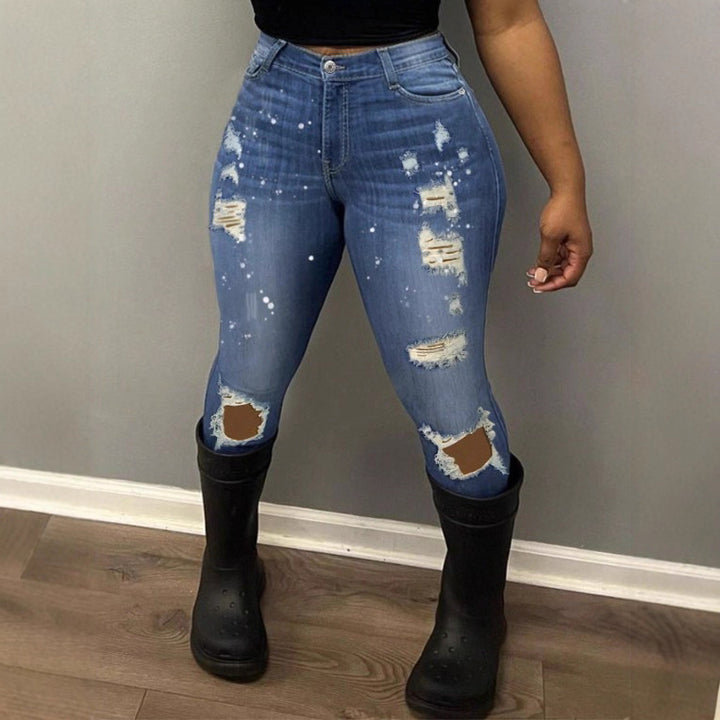 Women's high-waisted skinny super stretch jeans with used knee rips and paint splatter Mune Fashion