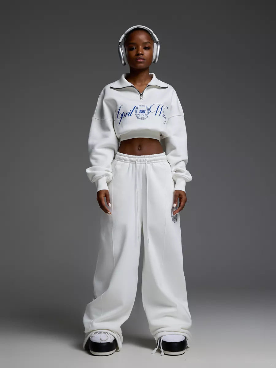 Women Cropped Half-zip Sweatshirt with Wide High-Waist Lounge Pants Set Mune Fashion