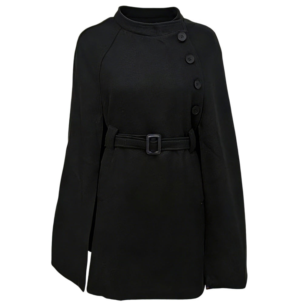 Women's Cape Coat with Waist Belt, Asymmetric Button Placket and Stand Collar Mune Fashion