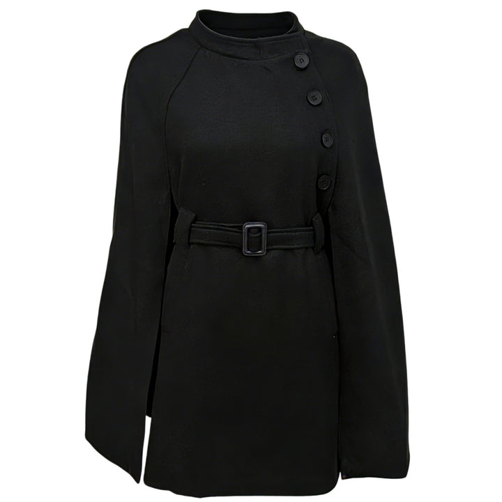Women's Cape Coat with Waist Belt, Asymmetric Button Placket and Stand Collar Mune Fashion