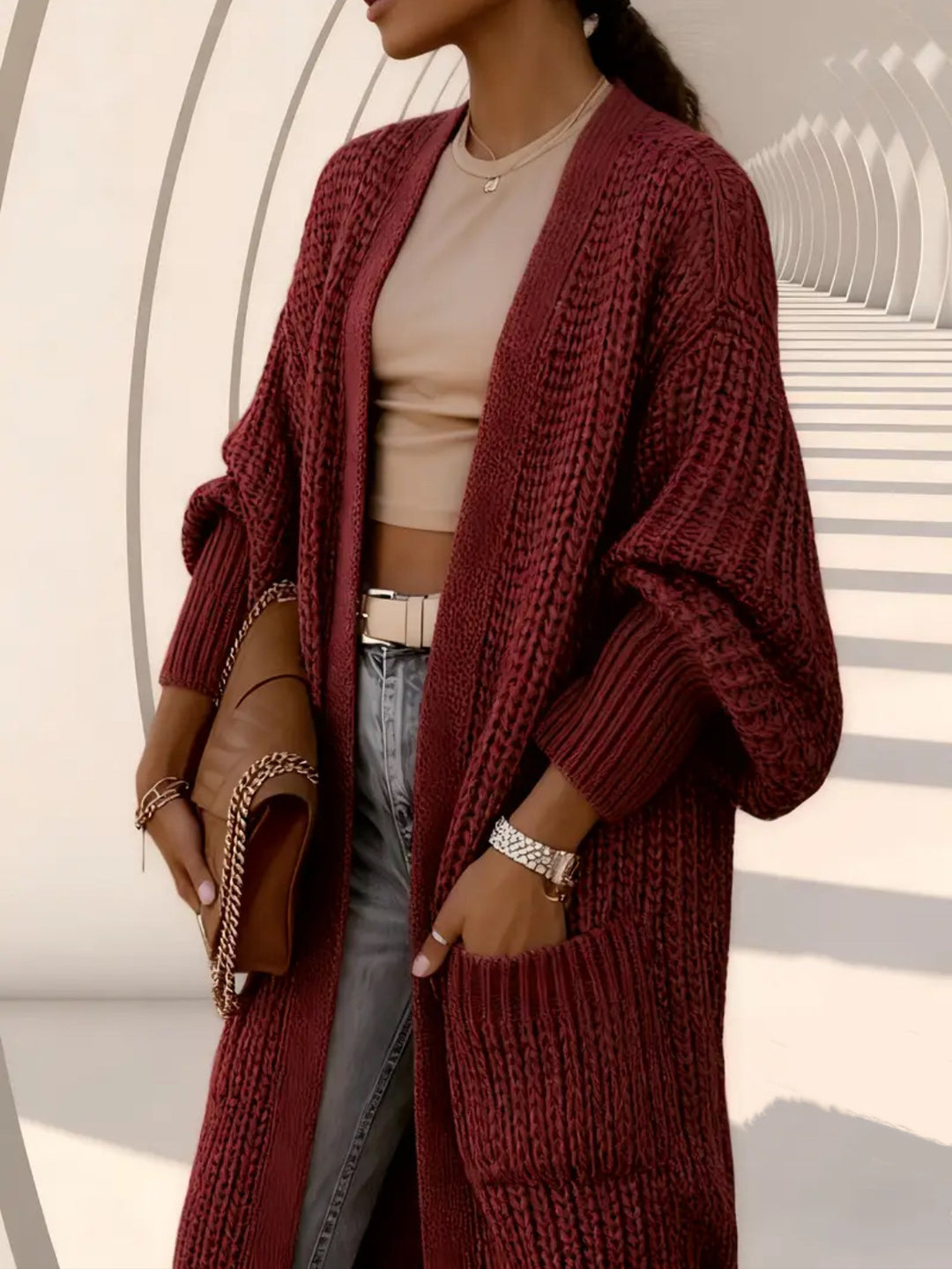 Women Long Open Chunky Knit Coat Cardigan with Braided Structure and Dropped Shoulder Mune Fashion