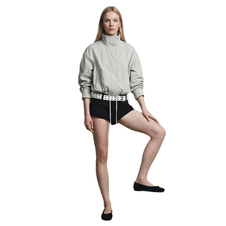 Women’s short cut lightweight transitional jacket with stand-up collar and elastic hem Mune Fashion