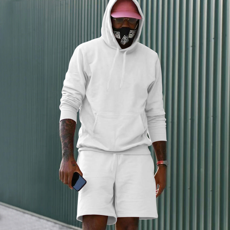Men's two-piece leisure set hoodie and sweat shorts made of French Terry with kangaroo pocket and drawstring Mune Fashion