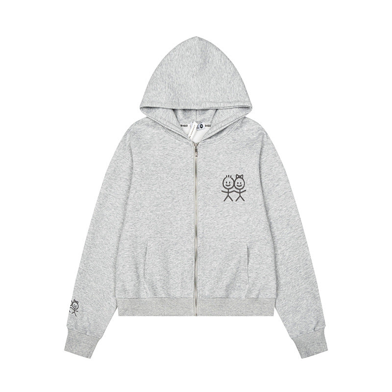 Women's hooded sweatshirt jacket with full zip lightweight French terry stick figure print and kangaroo pockets Mune Fashion