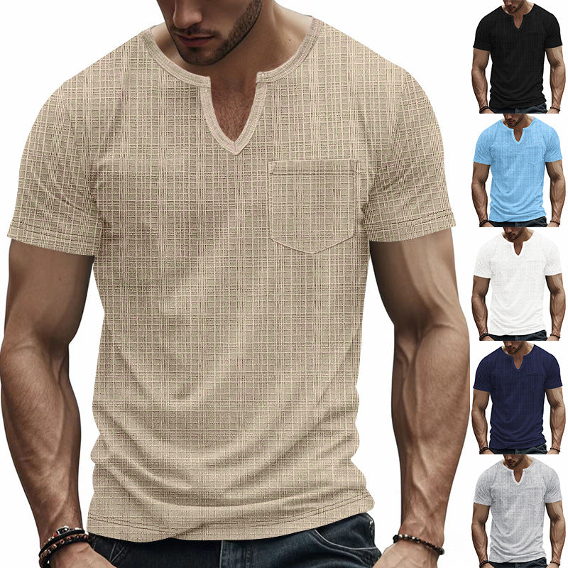 Men's short-sleeved shirt with slit V-neck structured linen look and patch chest pocket Mune Fashion
