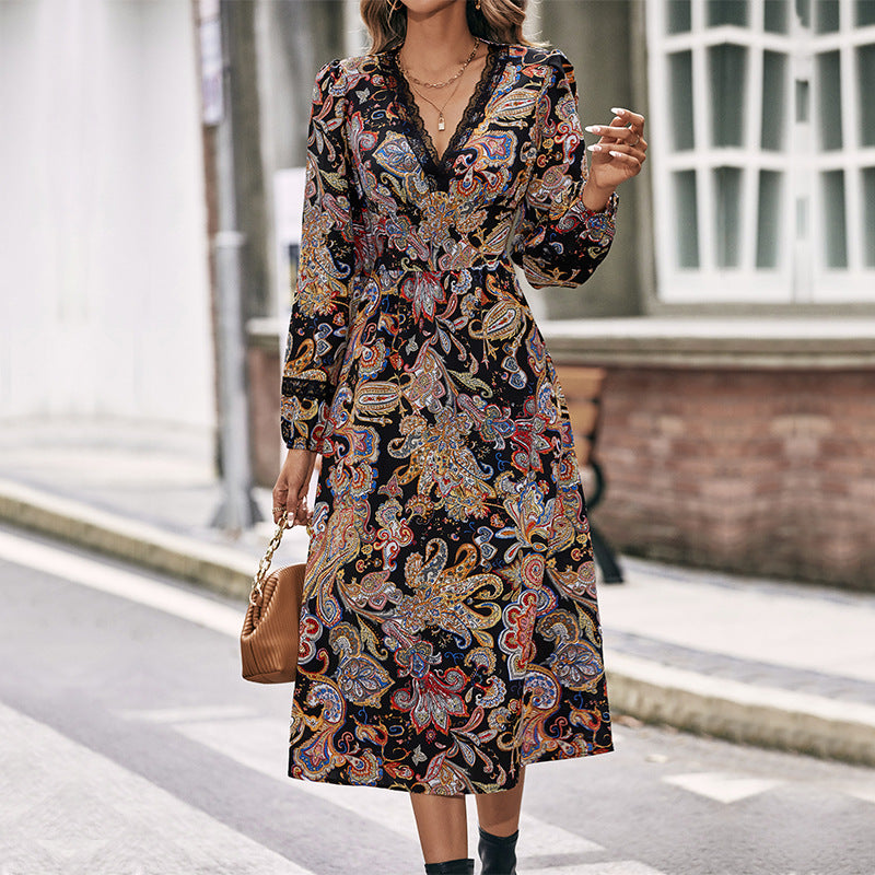 Women’s midi dress with paisley print, wrap look and lace trim Mune Fashion