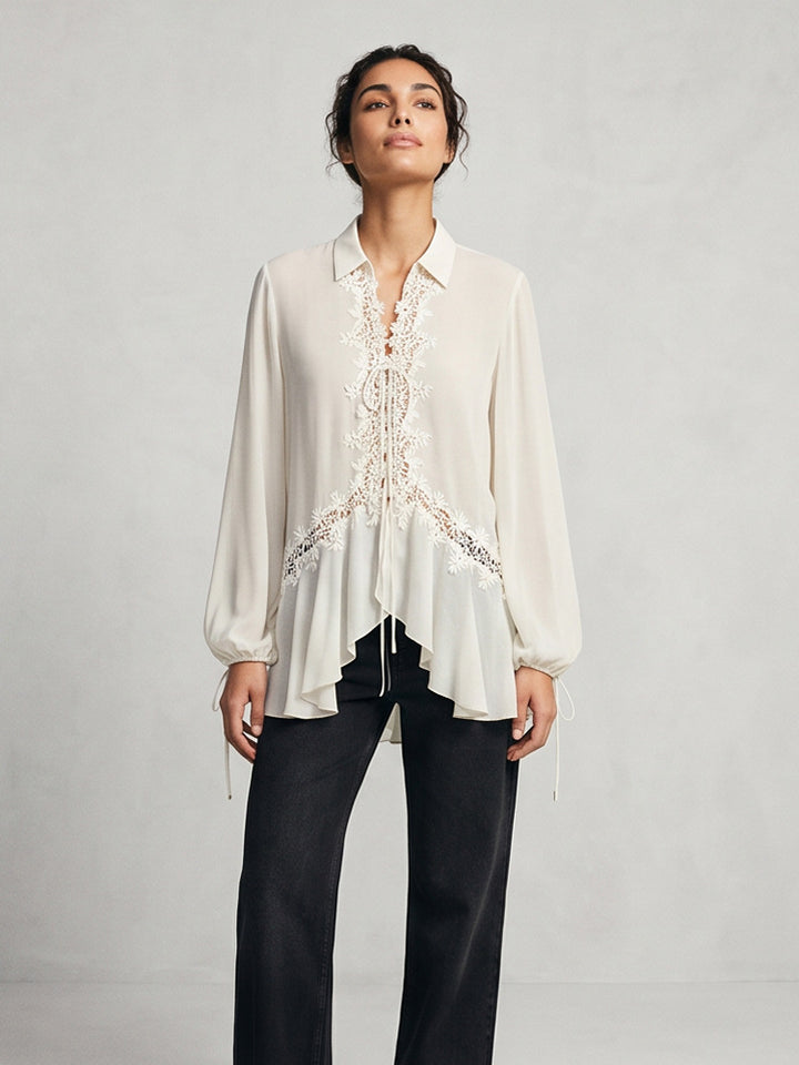 Women Transparent Chiffon Blouse with Lace Trim, Tie Band & Asymmetrical Ruffle Hem Mune Fashion