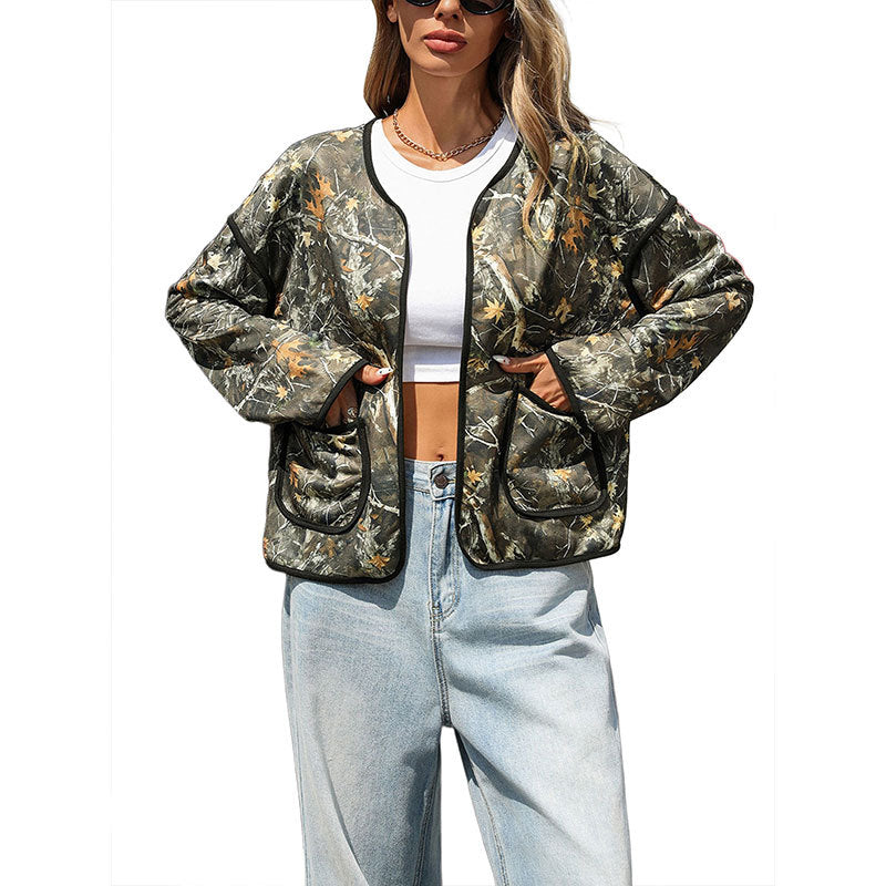 Women's Lightly Quilted Camouflage Jacket with Round Neck, Contrast Piping and Patch Pockets