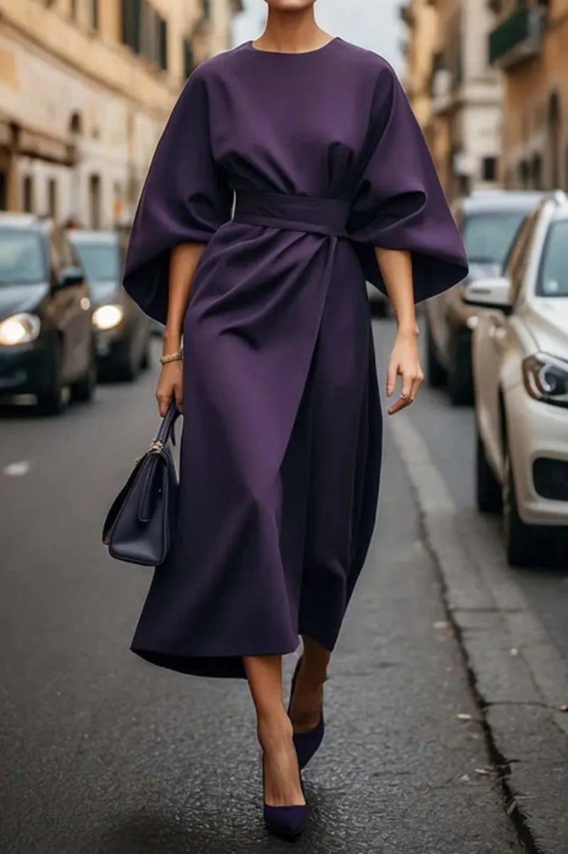 Ladies Elegant Midi Dress with Wide Kimono Sleeves, Tailored Belt and Draped A-Line Mune Fashion