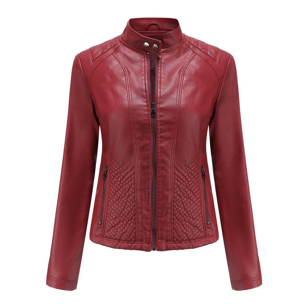 Women's fitted biker faux leather jacket with stand collar and quilted side panel Mune Fashion