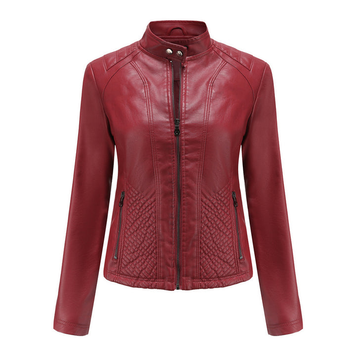 Women's fitted biker faux leather jacket with stand collar and quilted side panel Mune Fashion