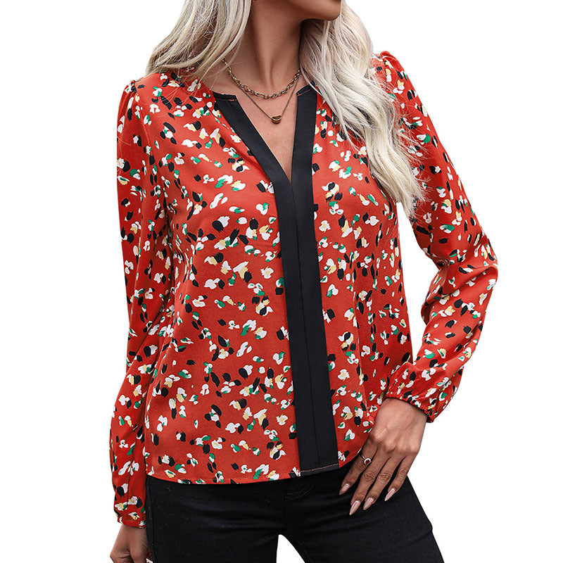 Women's Fashionable Blouse with V-Neck and Floral Pattern Mune Fashion
