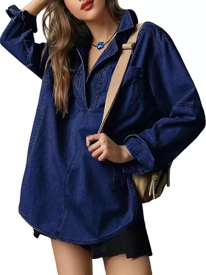 Women's Oversize Denim Tunic with Henley Neckline and Kangaroo Pocket Mune Fashion