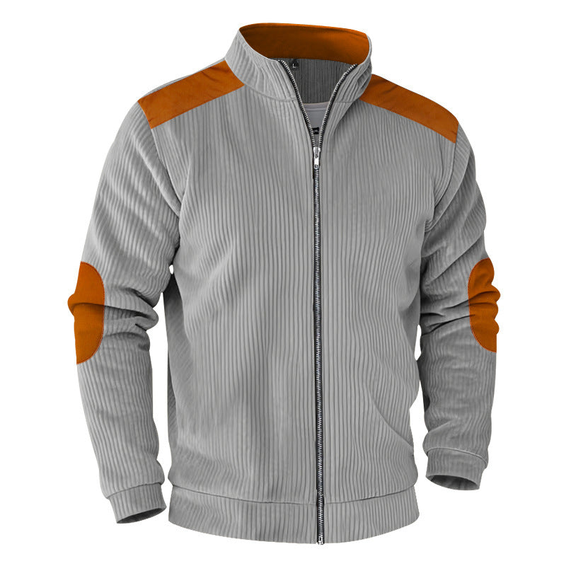 Men's ribbed stand-up collar sweat jacket with full zip, shoulder and elbow patches Mune Fashion