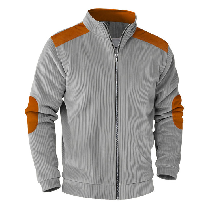 Men's ribbed stand-up collar sweat jacket with full zip, shoulder and elbow patches Mune Fashion