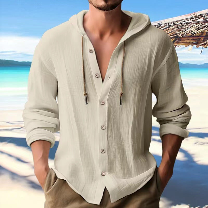 Men's lightweight hoodie shirt in linen look with full button placket Mune Fashion
