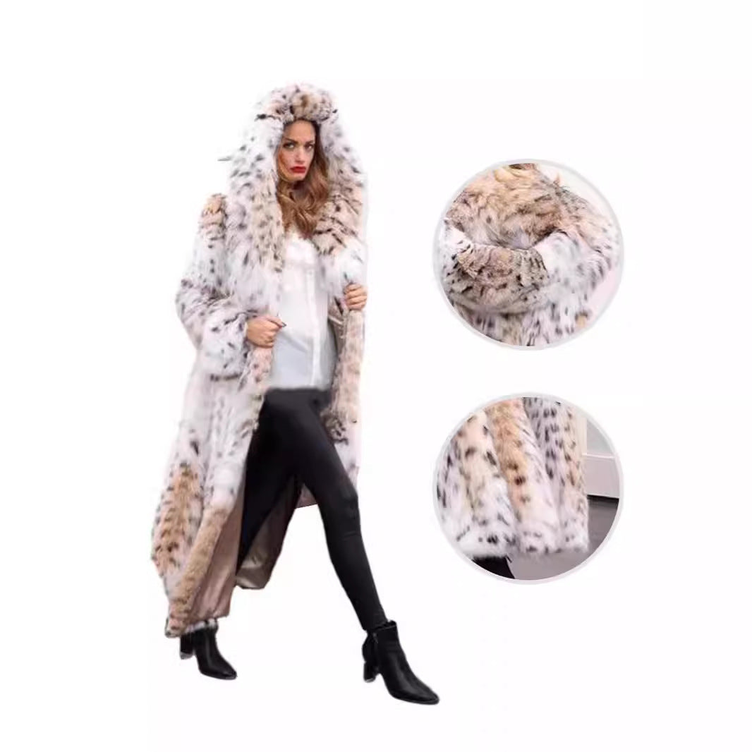Women's Longer Faux Fur Coat with Hood and Lynx Look Mune Fashion