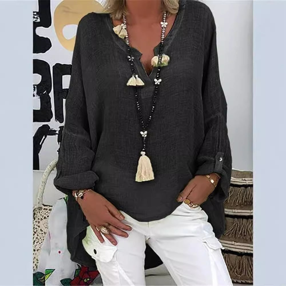 Ladies' nano structured cotton tunic in a loose fit with V-neck, rolled sleeves, and extended back hem Mune Fashion
