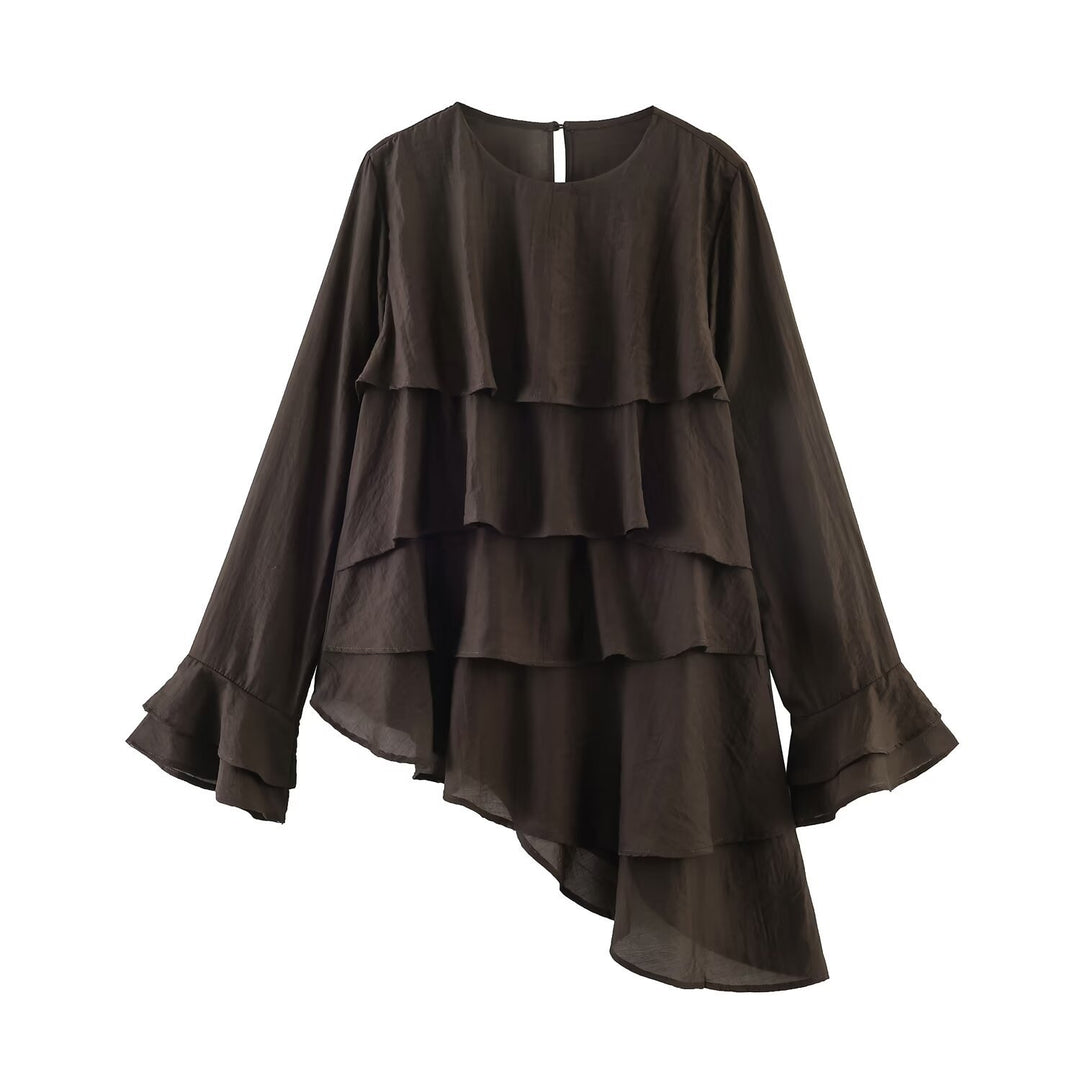 Women Layered Ruffle Blouse with Bell Sleeves and Asymmetrical Hem Mune Fashion
