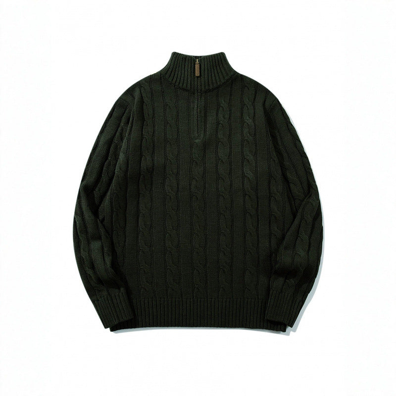 Unisex Coarse Knitted Half-Zip Cable Pattern Sweater with Stand-Up Collar and Ribbed Edges Mune Fashion