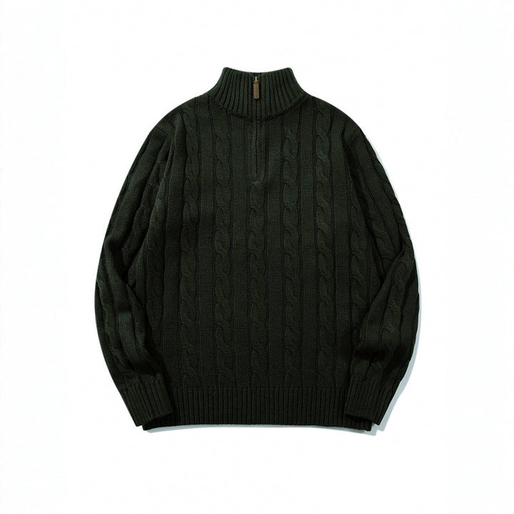 Unisex Coarse Knitted Half-Zip Cable Pattern Sweater with Stand-Up Collar and Ribbed Edges Mune Fashion