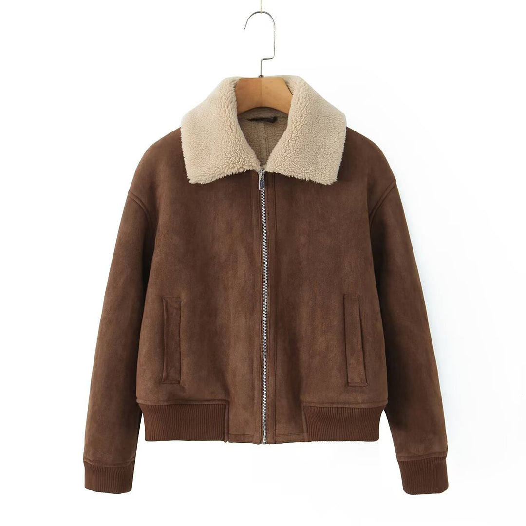 Women's Short Cut Teddy-Lined Suede Look Flight Jacket with Zipper Mune Fashion
