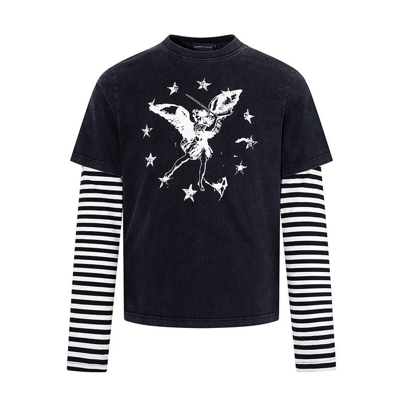 Women's Layered Long Sleeve Shirt with Striped Under Sleeves and Vintage Angel Print Mune Fashion