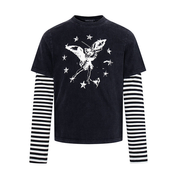 Women's Layered Long Sleeve Shirt with Striped Under Sleeves and Vintage Angel Print Mune Fashion