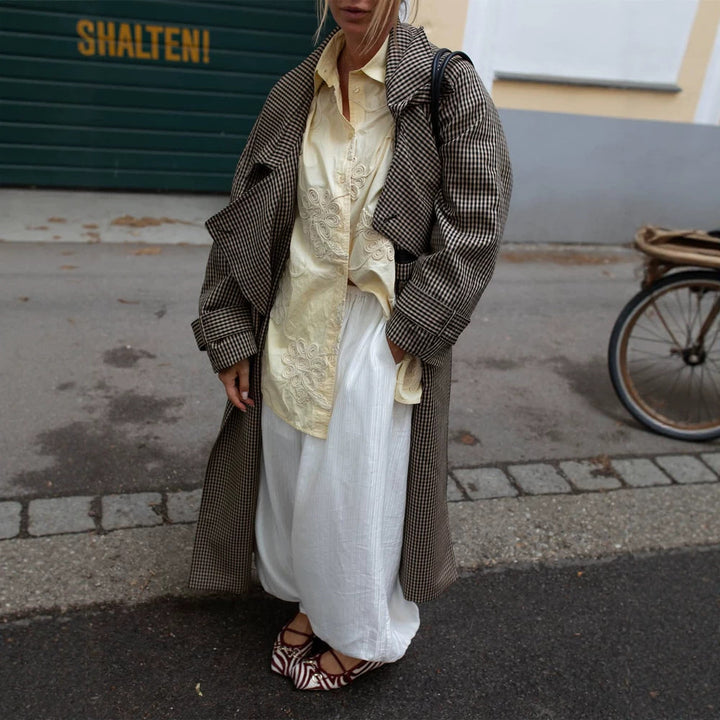 Women Oversize Coat in Glencheck with Wide Lapels and Dropped Shoulder Mune Fashion