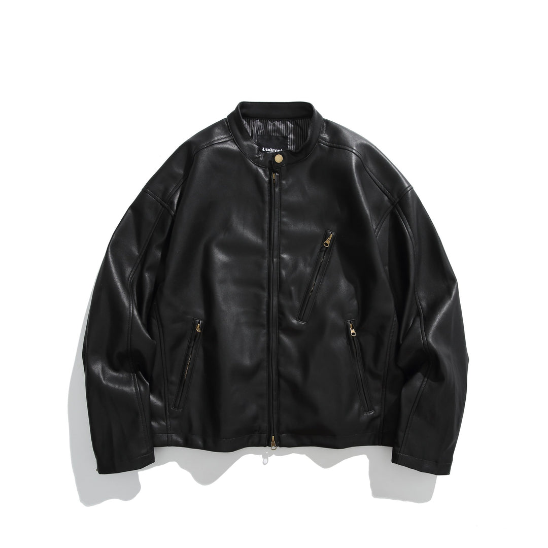 Men's leather-look bomber jacket with stand-up collar, angled zip pockets and minimalist seam design Mune Fashion