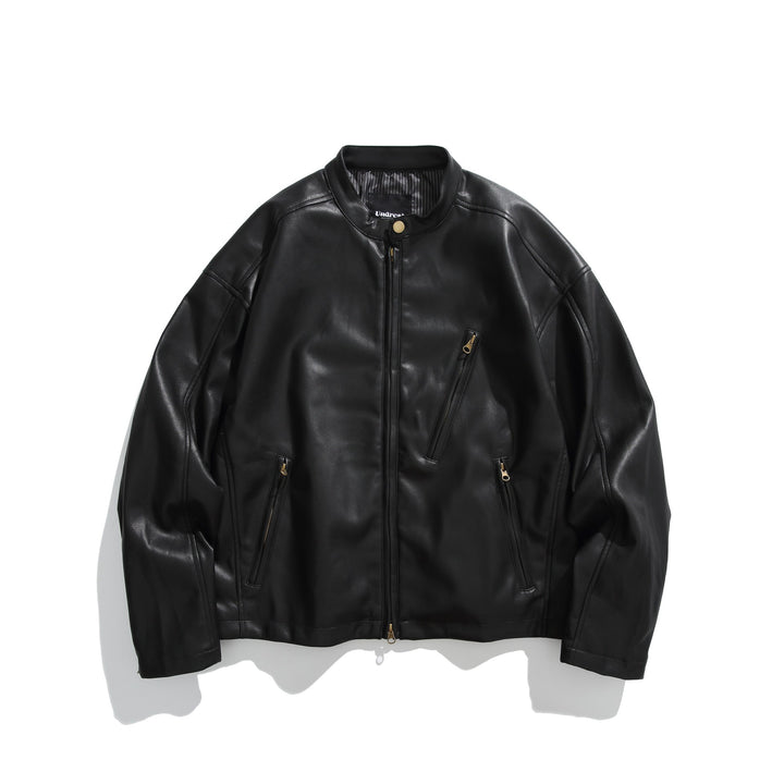 Men's leather-look bomber jacket with stand-up collar, angled zip pockets and minimalist seam design Mune Fashion