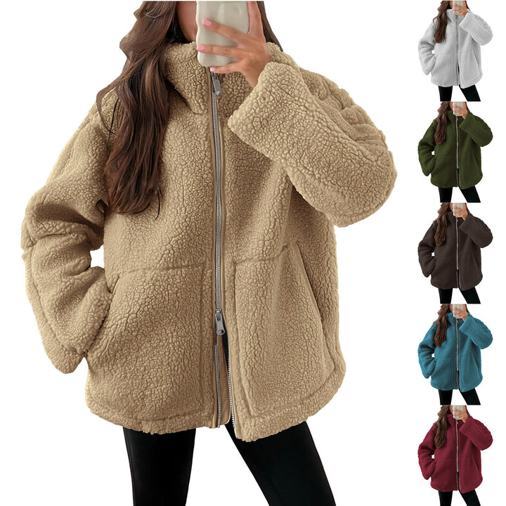 Women's oversized teddy fur jacket with stand-up collar, zipper, and patch pockets Mune Fashion