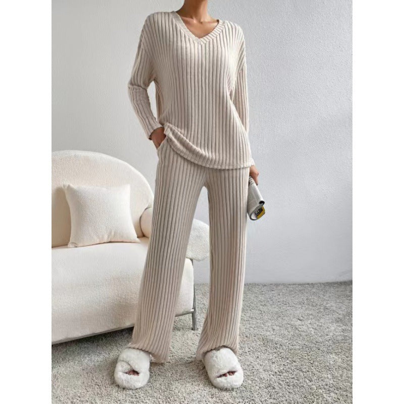 Women Cozy Ribbed Knit Loungewear Set with V-Neck and Wide Leg Mune Fashion