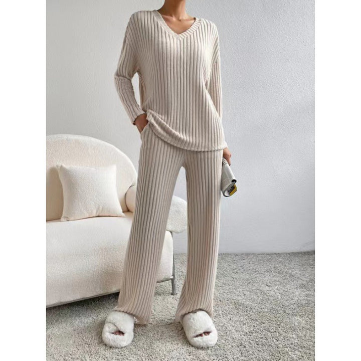 Women Cozy Ribbed Knit Loungewear Set with V-Neck and Wide Leg Mune Fashion