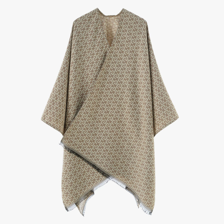 Women's Open Jacquard Poncho in Kimono Cut with Geometric Allover Pattern Mune Fashion