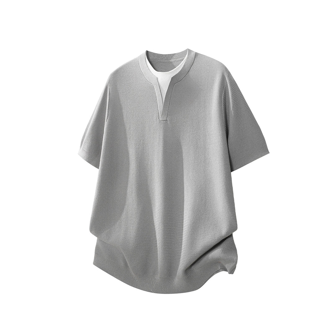 Herren Kurzarm-Strickshirt mit strukturierter Waffeloptik und V-Notch-Kragen Mune Fashion