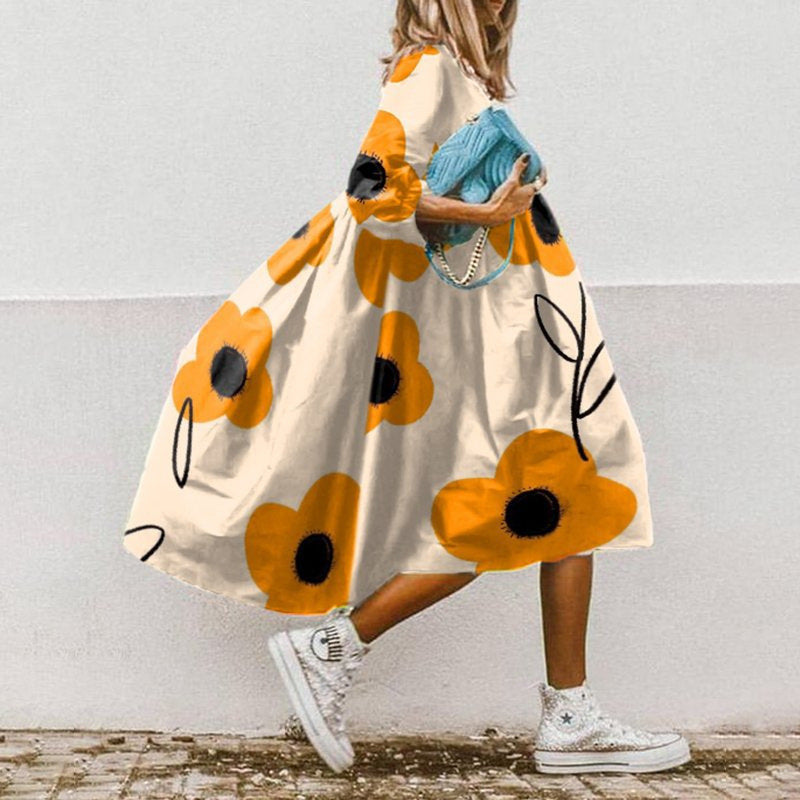 Ladies nan lightweight cotton swing dress with large floral print, 3/4 balloon sleeves and gathered waist Mune Fashion